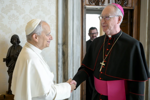 Pope Leo XIV greets Vancouver Archbishop Richard Smith at the Vatican, Saturday, Nov. 15, 2025. 