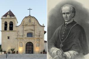 Left: Cathedral of San Carlos Borromeo in Monterey, California, in 2012. Right: Henry Steinegger (1831-1917), “Archbishop Joseph Sadoc Alemany,” Britton & Rey, Lithographer.