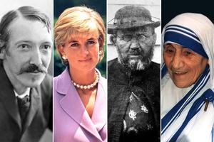 From L to R: Robert Louis Stevenson in 1893, by Henry Walter Barnett; Princess Diana in 1997, by John Mathew Smith; St. Damien of Molokai in 1889, by William Brigham; St. Teresa of Calcutta in 1995, by John Mathew Smith.

