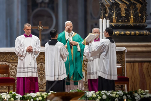 Pope Leo XIV celebrates Mass in St. Peter's Basilica at the Vatican on November 16, 2025.