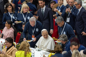 Pope Leo XIV shares lunch with people in need at the Vatican on November 16, 2025.
