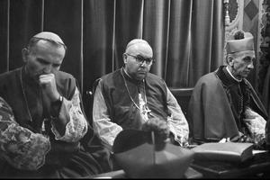 The Polish bishops letter was authored by Archbishop Bolesław Kominek of Wroclaw (center), sitting in 1966 next to Archbishop Karol Wojtyła of Krakow on the left, who reviewed and edited versions of the letter. Salesian Archbishop Antoni Baraniak of Poznań shown on the right. 