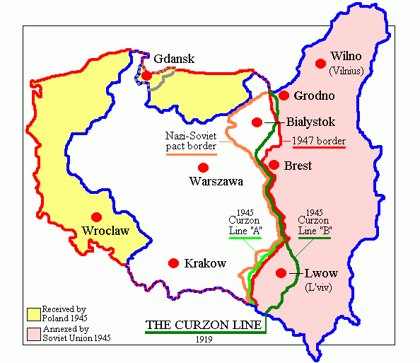 The map depicts territorial changes implemented in 1945 that forcibly displaced millions of Polish and German people. The border changes were decided by American, British, and Soviet allies at Yalta in February 1945 and Potsdam in July 1945.