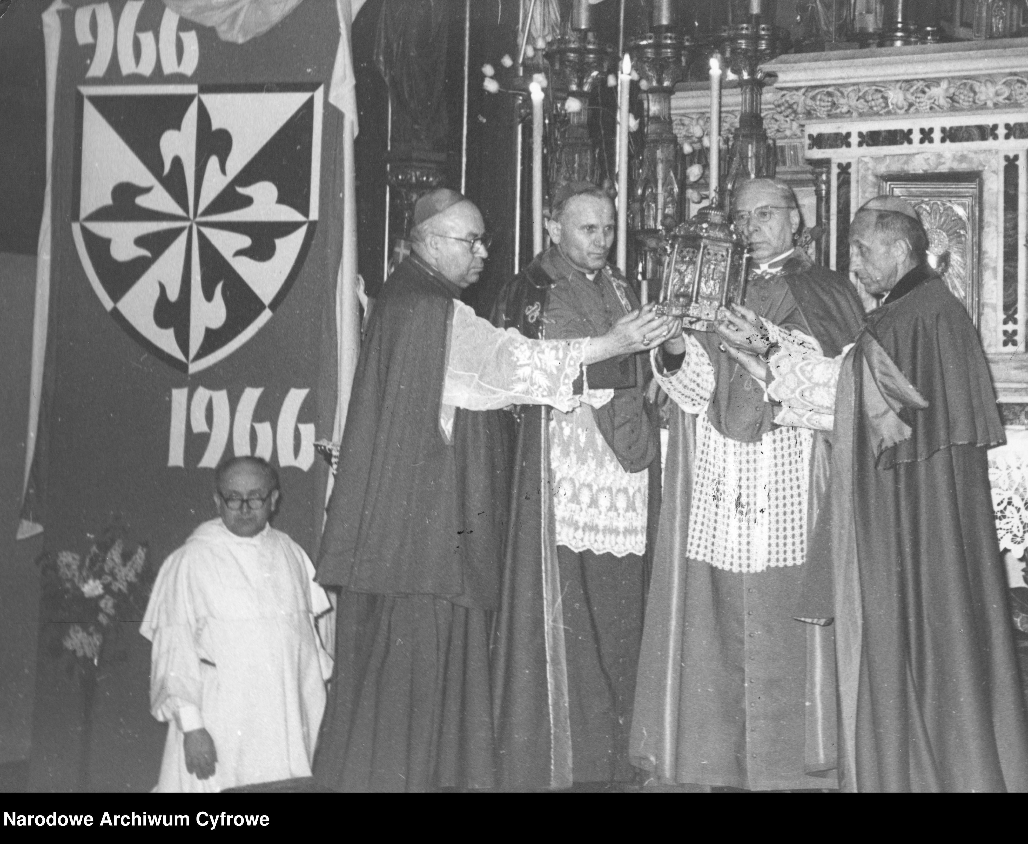 Archbishops Bolesław Kominek, Karol Wojtyła, and Antoni Baraniak, with Cardinal Wyszyński at a millenial event in Kraków in 1966