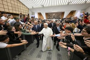 Pope Leo greets young people during the Jubilee of Education on Oct. 30. This week, he will greet more young people via livestream at NCYC; be sure to watch on EWTN on Friday morning.