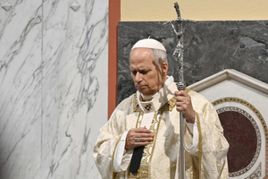 Pope Leo XIV prays during a Mass at Sant’Anselmo Church, located at a Benedictine monastery on the Aventine Hill in Rome, on Nov. 11, 2025.