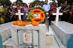 Leaders of the Christian community lay wreaths at the grave of Father Charles Joseph Young at the Holy Rosary Church cemetery in Dhaka on Nov. 14, 2025.