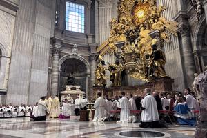 A pontifical solemn high Mass, a special traditional Latin Mass, is celebrated by Cardinal Raymond Burke at the Altar of the Chair in St. Peter's Basilica in Rome on Oct. 25.