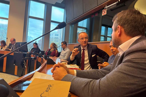 Pierre Louvrier (center) speaks during the “Schuman Plan 2.0 — Europe’s Role in a Fragmented World” debate at the European Parliament, Nov. 11, 2025.