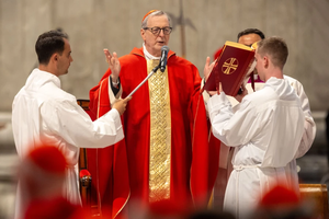 The priests’ release was credited in part to Cardinal Claudio Gugerotti, prefect of the Dicastery for the Eastern Churches, pictured here celebrating the seventh Novendiales Mass for Pope Francis on May 2, 2025.