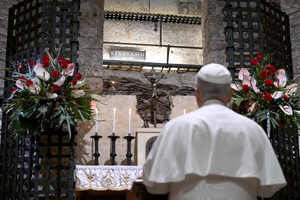 Pope Leo XIV visits the tomb of St. Francis in Assisi, Italy, on Nov. 20, 2025.
