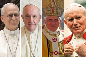 (L-R) Pope Leo XIV, Pope Francis, Pope Benedict XVI, and Pope John Paul II.