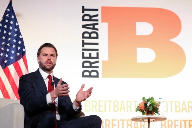 U.S. Vice President JD Vance participates in a fireside chat with Breitbart Washington Bureau Chief Matt Boyle at the Andrew W. Mellon Auditorium on Nov. 20, 2025, in Washington, D.C. 