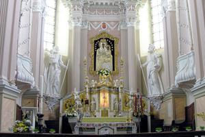 The original image of Our Lady of Šiluva is displayed in the Basilica of the Nativity of the Blessed Virgin Mary in Šiluva, Lithuania.