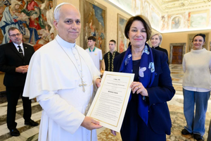 U.S. Sen. Amy Klobuchar, D-Minnesota, meets Pope Leo XIV, along with a delegation of Ukrainian mothers, wives, and teenagers, at the Vatican on Nov. 21, 2025.