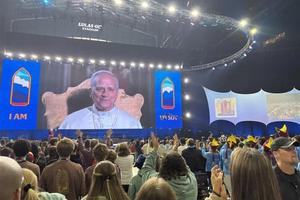 Pope Leo XIV speaks to teenagers during a digital encounter at Lucas Oil Stadium in Indianapolis during the 2025 National Catholic Youth Conference (NCYC) on Nov. 21, 2025. 