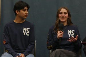 Ezequiel Ponce, a high-school senior from Downey, California (left), and Elise Wing, a senior from Waterloo, Iowa (right), speak at a press conference following their digital dialogue with Pope Leo XIV on Nov. 21, 2025. 