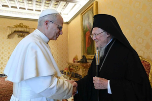 Pope Leo XIV receives Patriarch Bartholomew of Constantinople at the Vatican on May 30, 2025.