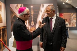 Ambassador Kassisieh with Auxiliary Bishop William Shomali of the Latin Patriarchate of Jerusalem at the inauguration of the exhibition, Bethlehem Reborn.