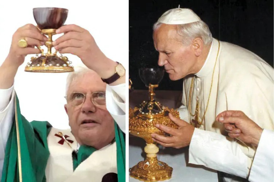 (L-R) Pope Benedict XVI in 2006. Pope John Paul II celebrating Mass in 1982. 