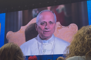 Pope Leo appears on screen to 16,000 youth gathered in Indianapolis, Indiana for the digital encounter on November 21, 2025.