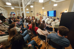 Father Rhett Williams who serves as vocations director for the Diocese of Charleston takes part in a Theology on Tap event at Christ on Main along with the Dominican Sisters of Nashville called 'Authentic Femininity: Wife, Mother, Religious' during November 2025. 