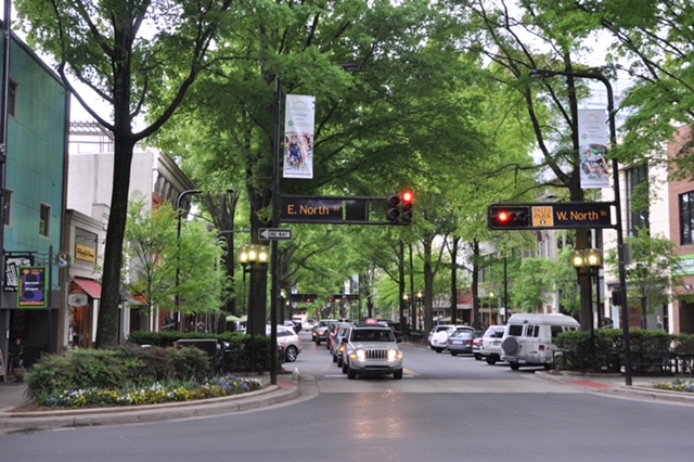 Entering Main Street in Greenville, South Carolina, home to Christ on Main Catholic bookstore. 