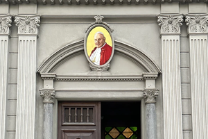Image of St. John XXIII above the entrance of the Cathedral of the Holy Spirit, Istanbul.