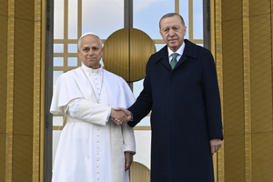 Pope Leo XIV with Turkish President Recep Tayyip Erdoğan in Ankara, Turkey, on November 27, 2025.