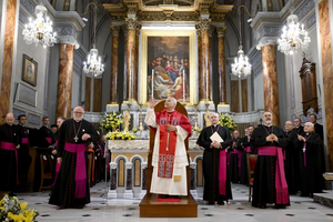 Pope Leo XIV addresses bishops, priests, religious, pastoral workers, and laypeople at the Cathedral of the Holy Spirit in Istanbul, Turkey, on Nov. 28, 2025.