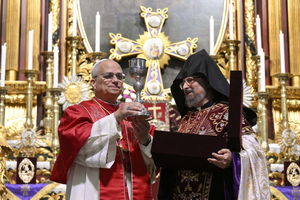 Pope Leo XIV with Armenian Patriarch Sahak II Mashalian at the Armenian Patriarchate of Constantinople in Istanbul, Turkey, on November 30, 2025.