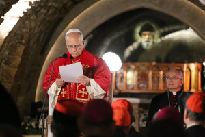 Pope Leo XIV reflects on the enduring message of St. Charbel Makhlouf at the hermit's tomb at the Monastery of St. Maron, in Annaya, Lebanon, on Dec. 1, 2025.