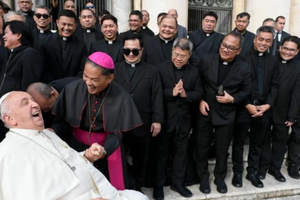 Archbishop Gilbert Garcera of Lipa in the Philippines shares a laugh with Pope Francis in October 2024.