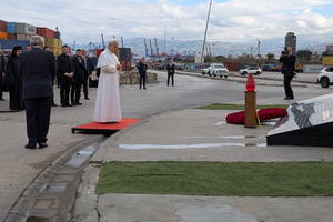 Pope Leo XIV prays in silence at the site of the 2020 port explosion in Beirut, Lebanon, on December 2, 2025.
