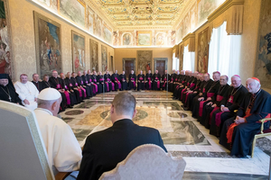 Pope Francis receives the bishops of England and Wales for their ad limina visit at the Vatican, Sept. 28, 2018.