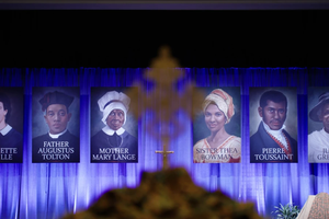 A still from “Trailblazers of Faith: The Legacy of African American Catholics,” which tells the inspiring story of how African Americans found a home in Catholicism without abandoning their identity or culture. Those pictured are the African Americans currently on the path to sainthood: Venerable Henriette DeLille, Julia Greeley, Father Augustus Tolton, Mother Mary Lange, Pierre Toussaint, and Sister Thea Bowman.