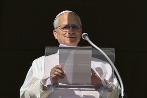 Pope Leo XIV prays the Angelus prayer on the Solemnity of the Immaculate Conception on Dec. 8, 2025.