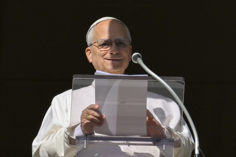 Pope Leo XIV prays the Angelus prayer on the Solemnity of the Immaculate Conception on Dec. 8, 2025.