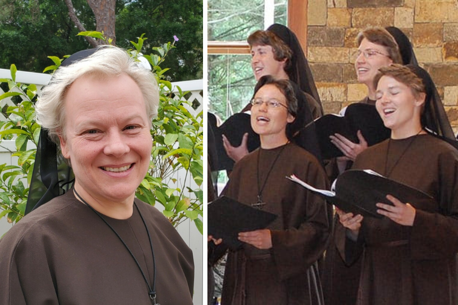 Sister Clare Hunter alongside a photo of her sisters singing during the season of Advent. 