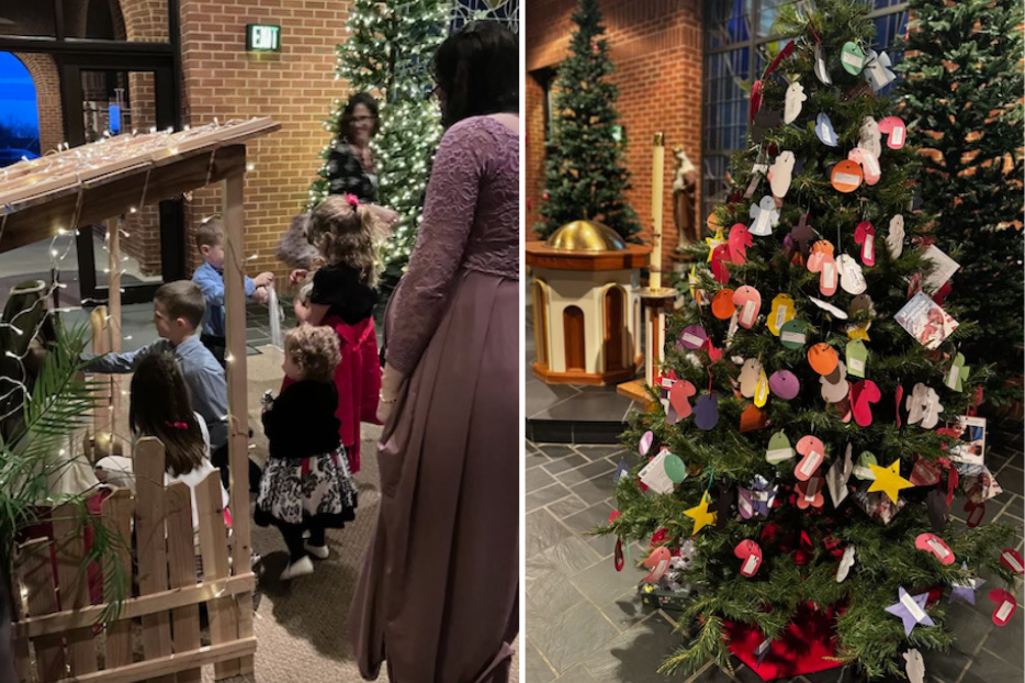 Children come discover the empty manger in the Nativity inside Sacred Heart Parish in Winchester, Va. 