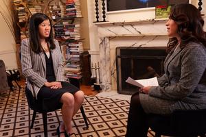 L to R: Claire Lai speaks to Montse Alvarado during an interview on ‘EWTN News Nightly.’