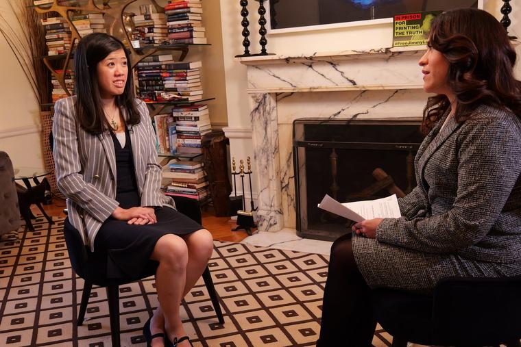 L to R: Claire Lai speaks to Montse Alvarado during an interview on ‘EWTN News Nightly.’