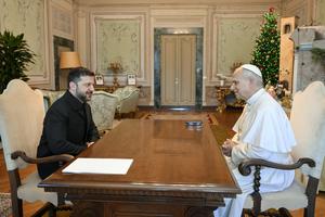 Pope Leo greets President Zelenskyy in Castel Gandolfo on Dec. 9, 2025.