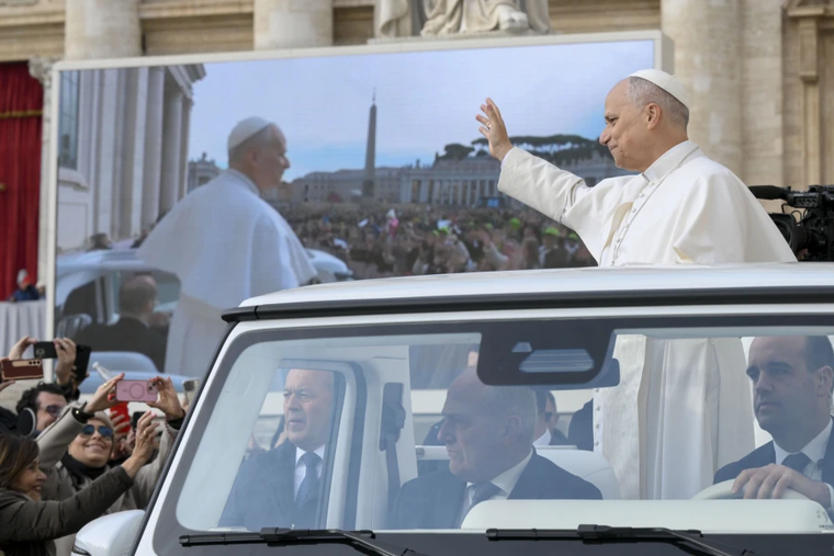 Pope Leo XIV greets pilgrims in St. Peter's Square during a Jubilee audience on Nov. 22, 2025.