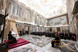 Pope Leo XIV receives members of the Pontifical Institute of Christian Archaeology on Dec. 11, 2025, in the Clementine Hall of the Vatican. 