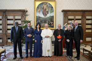 Pope Leo XIV meets with the committee that chooses recipients of the Zayed Award for Human Fraternity, at the Vatican, on Dec. 11, 2025.