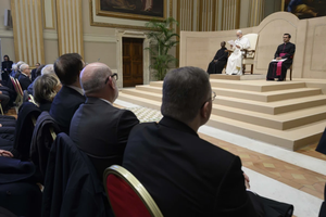 Pope Leo XIV speaks to people who work in Italy’s intelligence sector in the Vatican’s Hall of Blessings on Dec. 12, 2025.