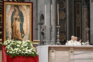 Pope Leo XIV honors Our Lady of Guadalupe during the Mass on her feast day, Dec. 12, 2025, in St. Peter’s Basilica at the Vatican. 