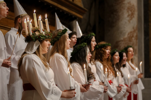 Students from Nordiska Musikgymnasiet — The Nordic Music High School — in Stockholm perform traditional Swedish “Lucia songs” during an afternoon Mass in St. Peter’s Basilica on Dec. 11, 2025.