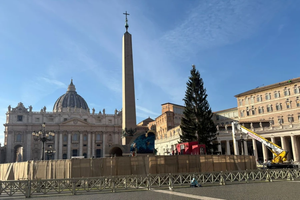 The fir tree and the Nativity scene are ready for the dedication in St. Peter’s Square on Dec. 15, 2025.